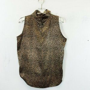 Leopard Tank Top Womens LARGE‎ Brown Animal Print Blouse Roll Neck Pleated Y2K